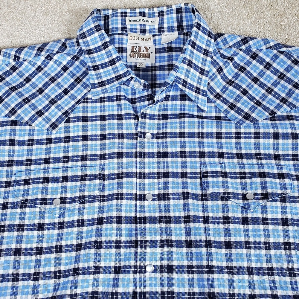 ELY Cattleman Western Shirt Men's SZ 2X‎ Blue Pearl Snaps Long Sleeve SEECONDITN